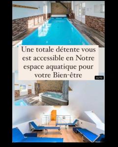 a large swimming pool with blue chairs around it at La Belle Hermine in Tonquédec