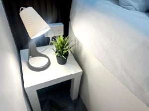 una mesita de noche con una lámpara y una planta. en Nomad Nook Room in Tecom Barsha Heights, en Dubái