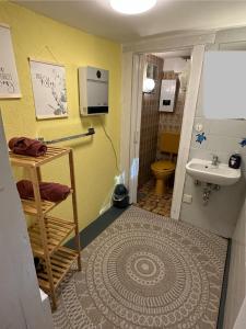 a small bathroom with a sink and a toilet at Historisches Backhäuschen Studio in Watzelhain