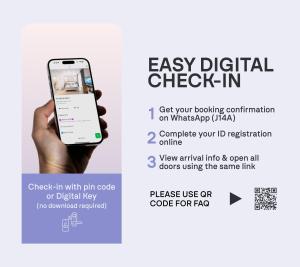a hand holding a cell phone with the text easy digital check in at J14A I Rooms & Apartments AUTOMATED SELF CHECK-IN in Vilnius