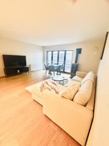 a living room with a white couch and a television at Tjuvholmen apartment 2BR in Oslo +6 photos