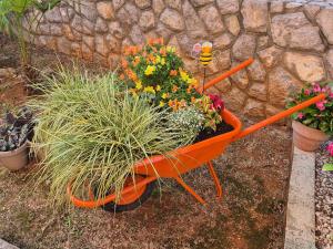 an orange wheelbarrow filled with flowers and plants at Oak Meadow Apartment in Dobrinj