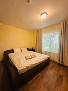 a bedroom with a large bed with a window at Rožu namu apartamenti 4 in Kuldīga
