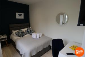 a bedroom with a bed with two pillows and a mirror at Private Double Rooms By Travel Lets Short Term Rental Agency Derry in Derry Londonderry