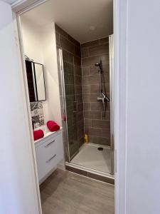 a bathroom with a shower and a sink and a toilet at L'échappée belle - Terrasse privative in Fécamp +12 photos