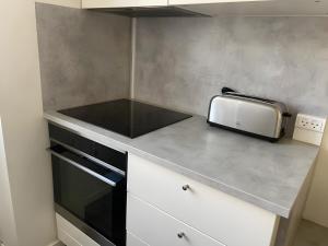 哥本哈根Charming apartment with easy access to central Copenhagen的一个小厨房，台面上有一台烤面包机和一台电器 更多2张照片