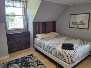 a bedroom with a bed with a blue pillow on it at Lake Therapy - Lakefront, Charming, And Fun! in Mancelona