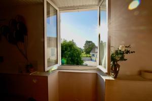 a window in a room with a vase of flowers at Maison WonderLodge - Déco Disney - Jeux pour tous - Proche Disney et Paris in Bussy-Saint-Georges
