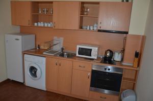 a small kitchen with a sink and a microwave at Single Private Apartments In Marina View Fort Beach in Sveti Vlas