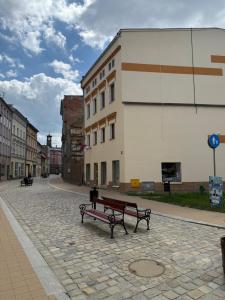 a bench sitting on a cobblestone street next to a building at Apartament 11 na 10 in Głuchołazy
