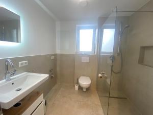 a bathroom with a sink and a toilet and a shower at Pusteblume in Oberreute