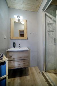 a bathroom with a sink and a mirror and a shower at Pension Klose in Kubova Huť