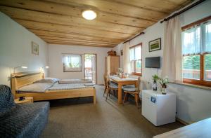 a bedroom with a bed and a desk in a room at Pension Klose in Kubova Huť