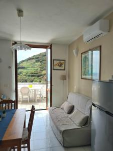 un salon avec un canapé et une table dans l'établissement Tracastello Home House with terrace e garage, à Riomaggiore