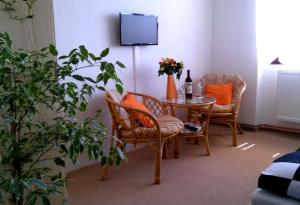 ein Wohnzimmer mit einem Tisch und Stühlen sowie einem TV in der Unterkunft Apartmán Žďár in Saar