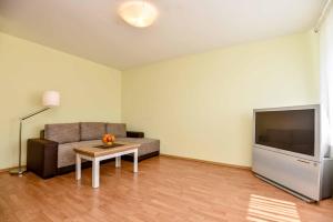a living room with a couch and a tv at Baltic Apartment in Klaipėda