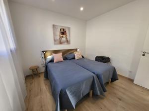a bedroom with a bed with blue sheets and pink pillows at La grange d'augustin in Saint-Thibéry