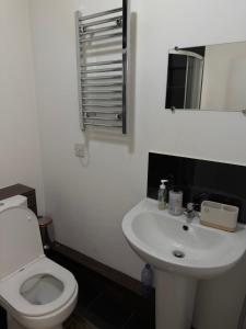 a bathroom with a white toilet and a sink at Central Wigan Stay in Wigan