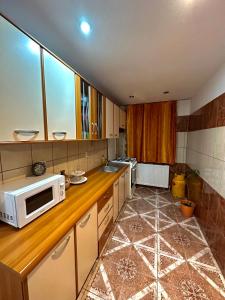 a kitchen with a microwave on top of a counter at Apartament Băile Herculane in Băile Herculane