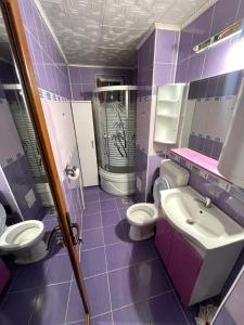 a purple bathroom with a toilet and a sink at Apartament Băile Herculane in Băile Herculane