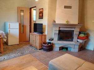 a living room with a fireplace and a tv at Chata Teodor in the Forest, Slovak Paradise in Betlanovce