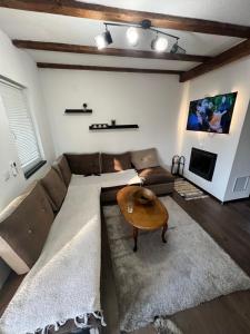 a living room with a couch and a table at The Alpine Poolhouse in Trnovo