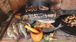 a grill with a bunch of fish and a pan of meat at The Alpine Poolhouse in Trnovo