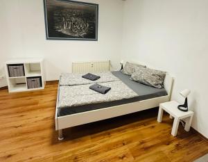 une chambre avec un lit et un parquet dans l'établissement traumhaftes zentrales Apartment zum Entspannen, à Leipzig