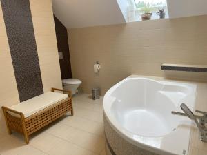 a bathroom with a large tub and a toilet at Ostoja Dziarnówko - willa z ogrodem na Mazurach in Iława +41 photos