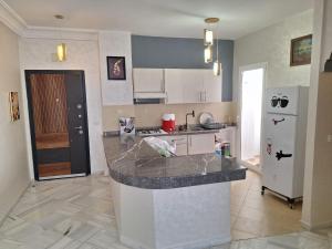 a kitchen with a counter and a white refrigerator at Jnan El boughaz in Tangier