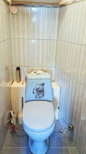 a bathroom with a toilet with a picture of a cat on the tank at SP Tise Apt for 6 people in Liepāja +29 photos