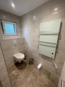 a bathroom with a toilet and a window at Neuer Bungalow in Motzen bei Berlin nur 300 m vom See und Strandbad entfernt in Mittenwalde