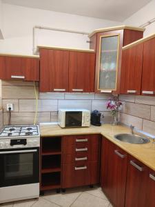 セゲドにあるExpress To Go Apartmentのキッチン(木製キャビネット、シンク、電子レンジ付)