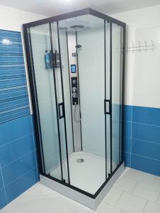 a shower with a glass door in a bathroom at CASA IONUȚ in Borşa