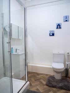 a bathroom with a toilet and a shower at Abchuch chambers in Bournemouth