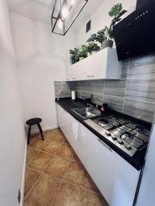 a kitchen with a sink and a stove top oven at Apartament Panorama Żory in Żory