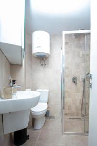 Charming Apartment in The Old Town في بودفا: حمام مع مرحاض ومغسلة ودش