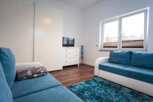 a living room with a blue couch and a window at Apartament Nad Morzem in Darłówko