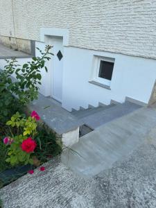 un edificio blanco con una puerta y algunas flores en Apartma Tara, en Koper 3 fotos más
