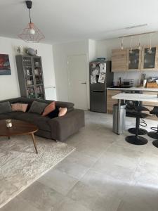 ein Wohnzimmer mit Sofa und Tisch in der Unterkunft Cozy apartment with garden, massage in Romainville