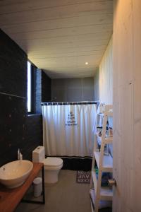 a bathroom with a toilet and a shower curtain at Punta de Lobos Black House in Pichilemu +33 photos