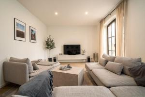 Una sala de estar con dos sofás y un televisor. en Ferienhaus-Lake-Residence-Mueritz, en Rechlin