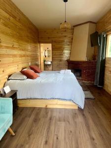 a bedroom with a large bed in a wooden room at San José del Pacífico- Cabañas Camino al Cielo 1 in San Mateo Río Hondo