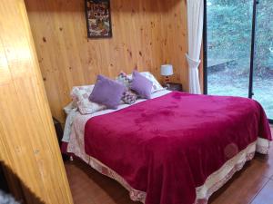 a bedroom with a bed with a purple blanket and a window at Cabaña Coñaripe in Coñaripe