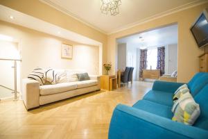 a living room with two blue couches and a television at Chester Apartments in Chester