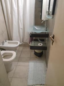a bathroom with a toilet and a sink and a mirror at Departamento Centro in Olavarría