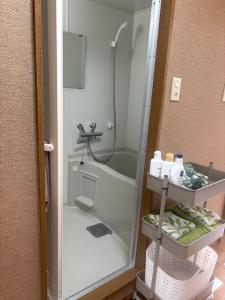 a small bathroom with a shower and a sink at サザンヒルズガーデン in Fujikawaguchiko +28 photos
