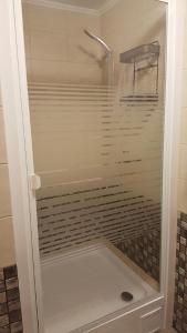 a shower with a glass door in a bathroom at L.E.C. Travel Apartments Ventspils in Ventspils +5 photos