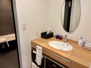 a bathroom with a sink and a mirror at Kinagashi Happo Chalet East in Hakuba +27 photos
