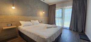 a bedroom with a large bed and a large window at Vila Luna in Vama Veche